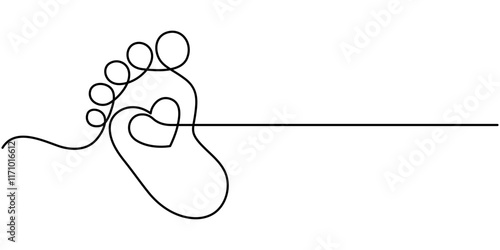 Continuous single line Baby foot one line style. Hand drawing. stock illustration, Little kids feet. Tiny foots. One single line drawing of feet. Continuous line. Hand-drawn design
 for posters.