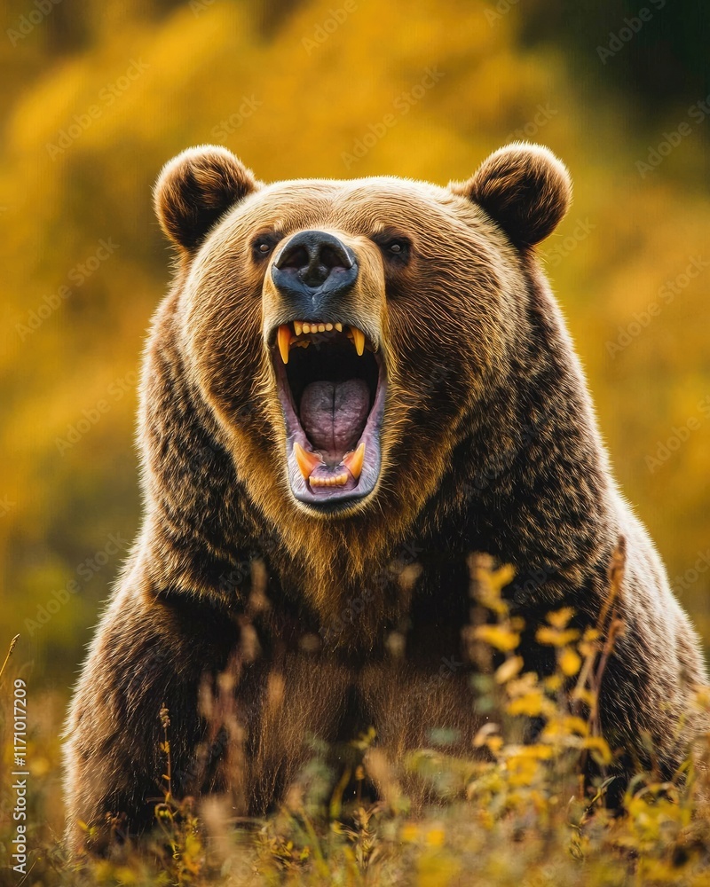 Obraz premium A roaring bear in a natural setting, showcasing wildlife and its raw power.