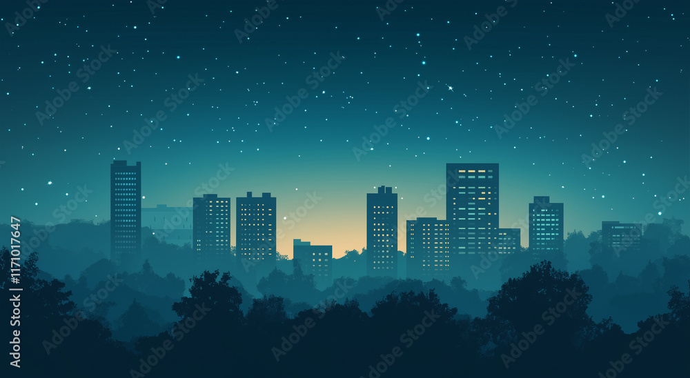 Night Cityscape With Stars Serene Urban Skyline Cool Blue Digital Art Night Cityscape With Stars Serene Urban Skyline Cool Blue Digital Art