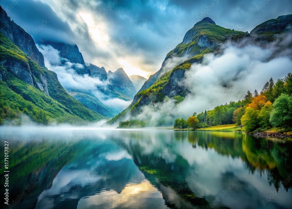 Fototapeta premium Minimalist Foggy Norwegian Fjord Landscape: Serene Mountain Lake Scene
