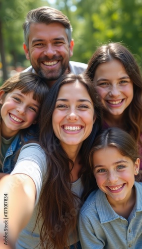 A cheerful family of five, including a father and four daughters, smiles brightly for a selfie in a lush green park. Their radiant expressions and close-knit bond reflect happiness and love