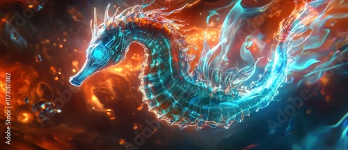 Mystical, fire, seahorse creature.