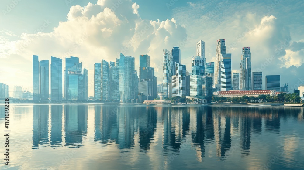 Panoramic view of Singapore skyline reflecting on calm water at sunrise. Panoramic view of Singapore skyline reflecting on calm water at sunrise.