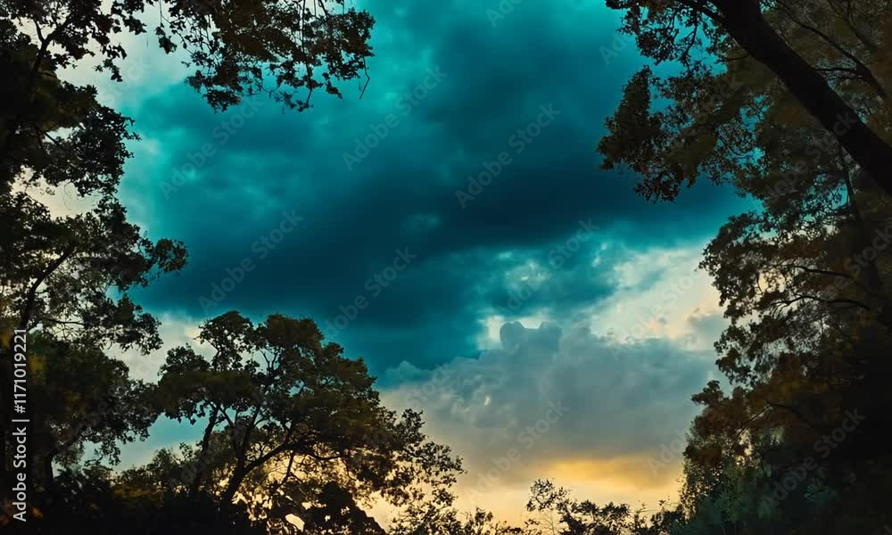 Dramatic Teal Sunset Sky Framed by Trees Dramatic Teal Sunset Sky Framed by Trees