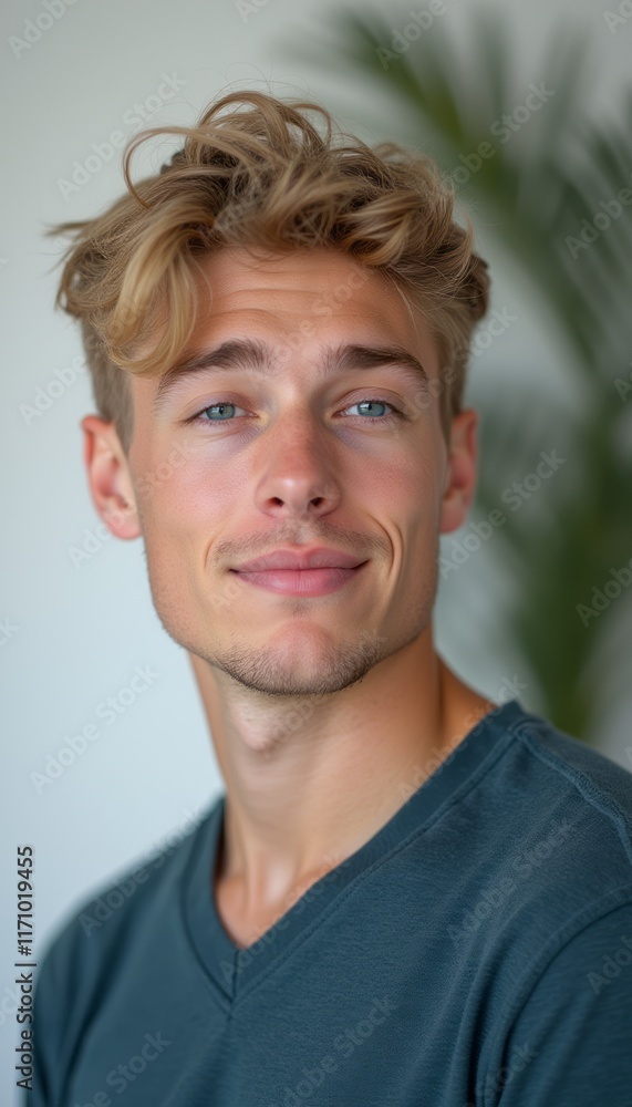 A handsome young man with tousled blonde hair and striking blue eyes smiles warmly at the camera, exuding confidence and charm. The soft background hints at a serene indoor setting, enhancing the A handsome young man with tousled blonde hair and striking blue eyes smiles warmly at the camera, exuding confidence and charm. The soft background hints at a serene indoor setting, enhancing the