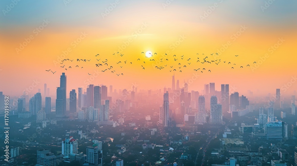 Fototapeta premium view of tall buildings decorated with flying birds and trees