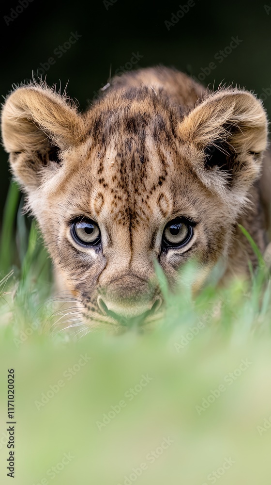Fototapeta premium A small lion cub peeking out of the grass