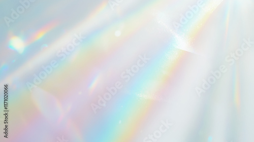 Fototapeta Naklejka Na Ścianę i Meble -  Holographic rainbow light refraction texture overlay with abstract soft bokeh effect on a transparent PNG backdrop. Organic prismatic glow and natural shadows. Background with copy space
