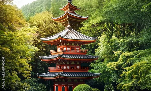 Three-story red and black pagoda nestled in a lush green Japanese garden. photo