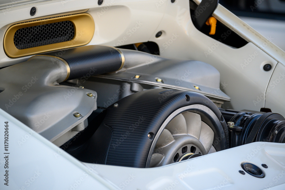 The powerful engine under the hood of the vehicle with the engine at the rear The powerful engine under the hood of the vehicle with the engine at the rear