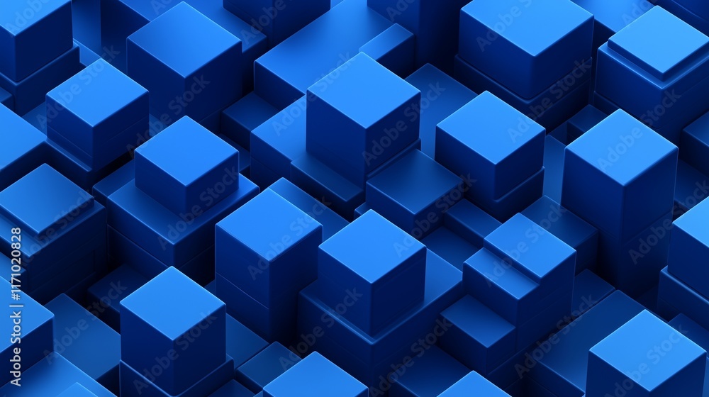 Obraz premium Detailed abstract illustration of cobalt blue 3D cubes arranged in an isometric perspective, with a modern, minimalist approach. The high-resolution image showcases the precision of the design.