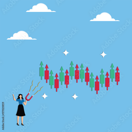 Achievement of sales growth, profit or wealth growth, career or business growth achievements, businesswomen take a magnet and attract arrows to grow upwards