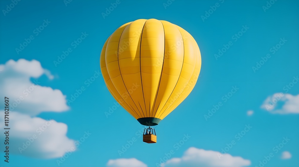 Fototapeta premium Vibrant Yellow Hot Air Balloon Soars Against a Clear Blue Sky with Fluffy White Clouds Creating a Picturesque Scene of Adventure and Freedom