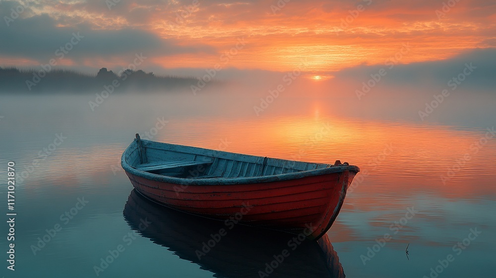 Solitary Rowboat at Sunrise Misty Lake Solitary Rowboat at Sunrise Misty Lake