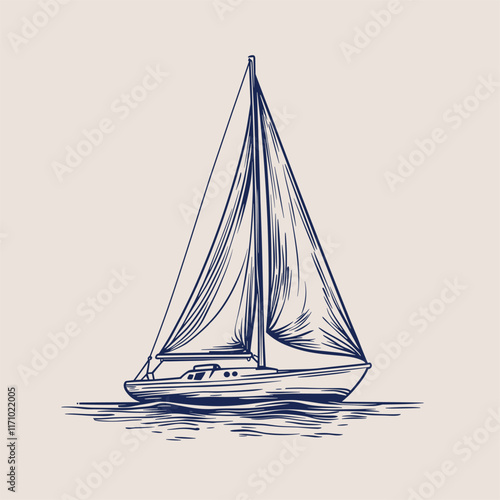 Detailed drawing of a sailboat with shaded sails.