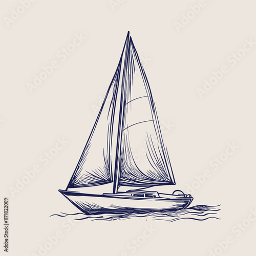 Detailed drawing of a sailboat with shaded sails.