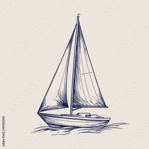 Detailed drawing of a sailboat with shaded sails.
