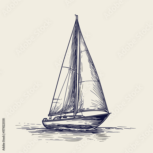 Detailed drawing of a sailboat with shaded sails.