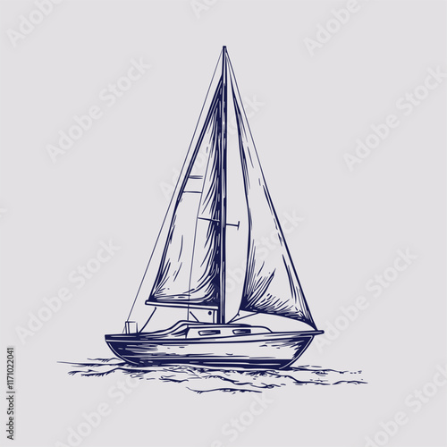 Detailed drawing of a sailboat with shaded sails.