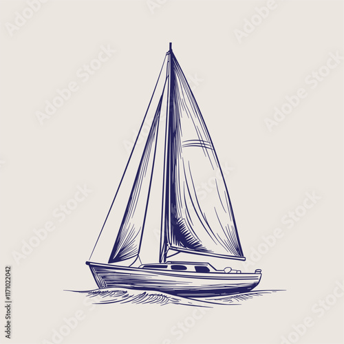 Detailed drawing of a sailboat with shaded sails.