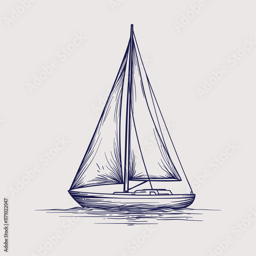 Detailed drawing of a sailboat with shaded sails.