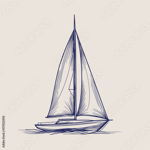 Detailed drawing of a sailboat with shaded sails.