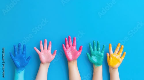 Rainbow Hands: A vibrant image of five children's hands painted in assorted bright colors against a cheerful blue background. A joyful expression of creativity and childhood fun. photo