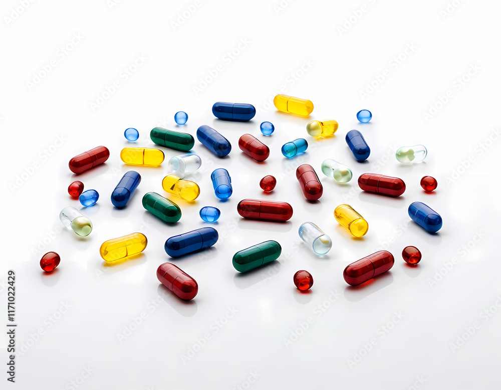 a realistic image of medicine capsules scattered randomly on a clean white background a realistic image of medicine capsules scattered randomly on a clean white background