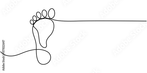 Continuous one line art drawing of human footprint vector, One continuous line drawing of bare foot and footprint. Elegance female feet in simple linear style. Concept of Wellness massage and care.