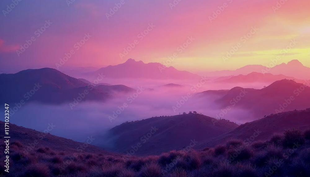 Sunrise paints a vibrant landscape of rolling hills Sunrise paints a vibrant landscape of rolling hills