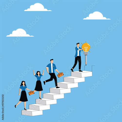 Progress and advancement, vocational or business instruction, guidance or advice, a businessman takes a pencil and draws an upward path to help his fellow man move forward