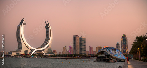 Katara buildings view from Lusail Marina Park. Great view with Crescent Tower
