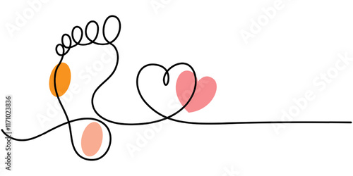 Continuous one line art drawing of human footprint vector, One continuous line drawing of bare foot and footprint. Elegance female feet in simple linear style. Concept of Wellness massage and care.