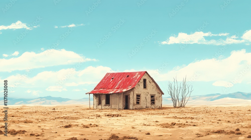 Desolate House Red Roof Sandy Desert Landscape Desolate House Red Roof Sandy Desert Landscape