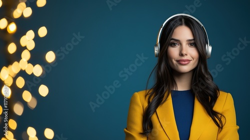 Confident Woman in Yellow Blazer with Headphones on Blue Background photo