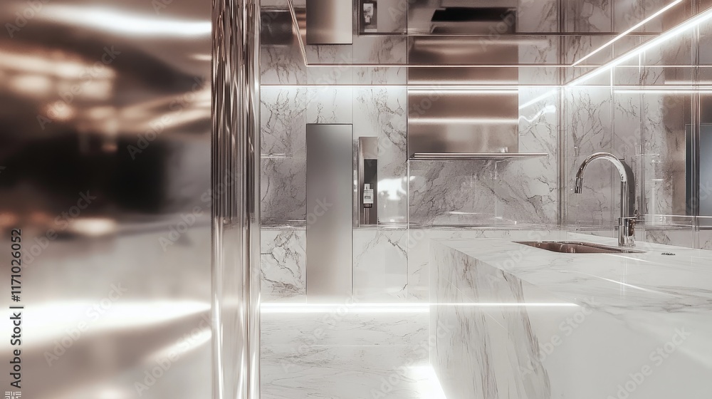 Contemporary white kitchen with cutting-edge stainless steel appliances and luxurious marble finishes. Contemporary white kitchen with cutting-edge stainless steel appliances and luxurious marble finishes.