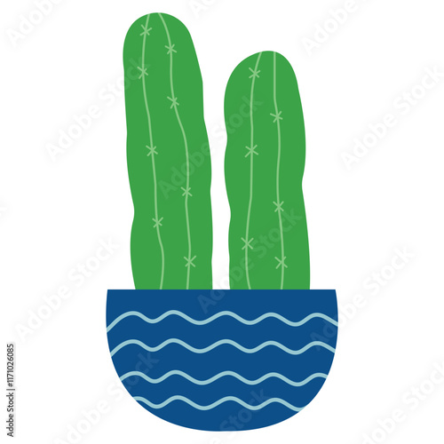 Two green cacti in a blue pot with wavy pattern. Ideas for nature themed designs, gardening concepts or succulent related content