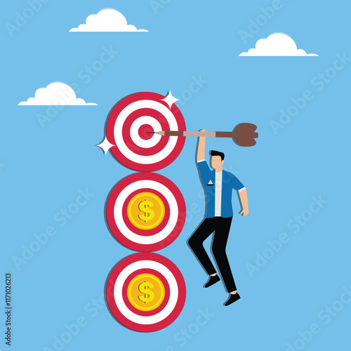 Money or wealth goals and plans, completing tasks or sales targets, turnover targets, businessmen shooting darts at gold coins and targets at the top of gold coins