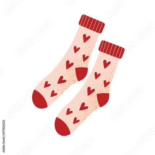 Cute pink socks with heart pattern. Perfect for Valentine's Day decoration, gift wrapping, stickers, and greeting cards. Flat vector illustration isolated on white background.