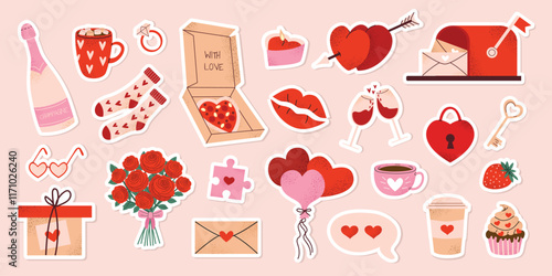 Set of Valentine's Day stickers with romantic cute elements: champagne, mug, socks, gift, bouquet, candles, balloons, puzzle, wine, lips, letters. Vector illustration on pink isolated background.