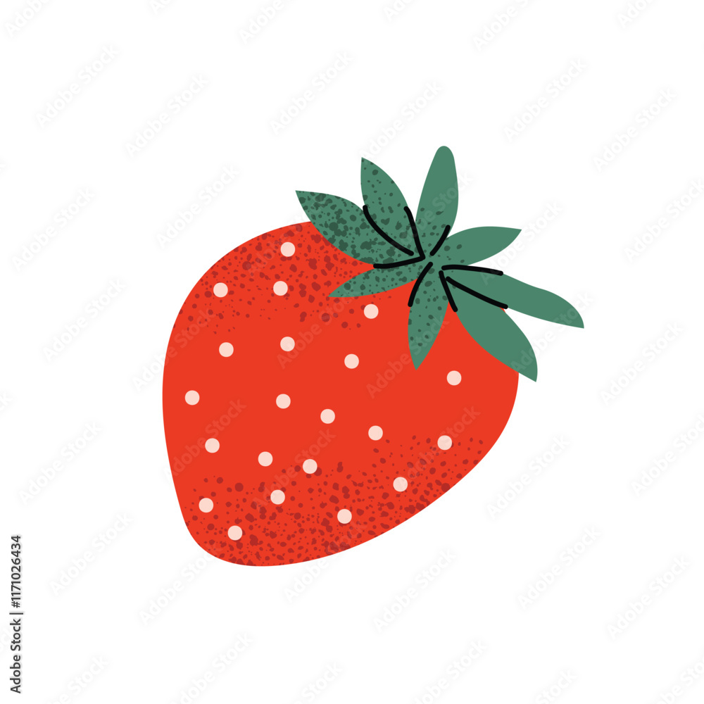 Obraz premium Red strawberry with green leaves. Fresh fruit element for Valentine's Day, romantic designs, and food illustrations. Vector illustration isolated on white background.