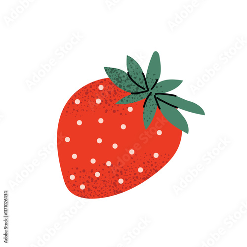 Red strawberry with green leaves. Fresh fruit element for Valentine's Day, romantic designs, and food illustrations. Vector illustration isolated on white background.