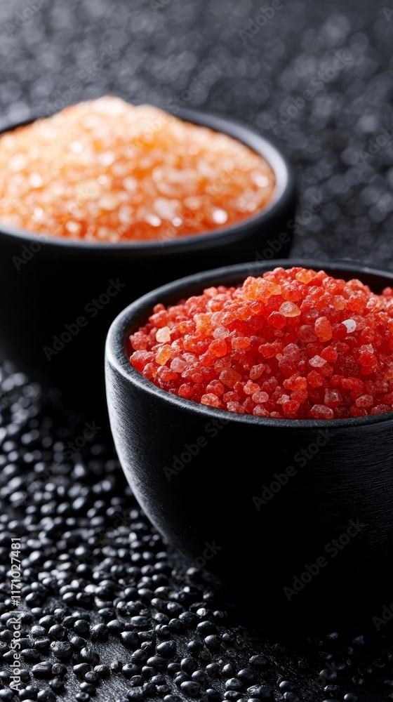 Two black bowls filled with red caviar on top of a table Two black bowls filled with red caviar on top of a table