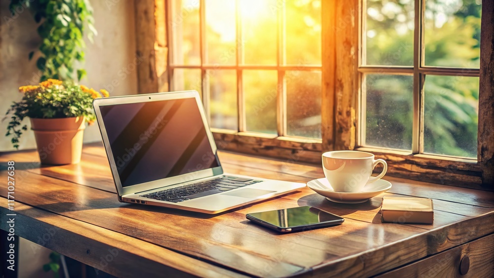 Fototapeta premium Minimalist Vintage Workspace: Laptop, Notebook, Coffee, Wooden Desk, Sunlight