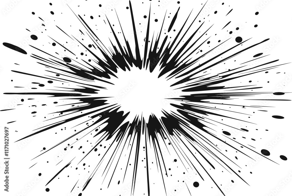 Obraz premium An abstract black ink explosion with radiating lines and splatter on a white background.