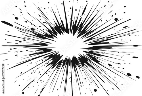 An abstract black ink explosion with radiating lines and splatter on a white background.