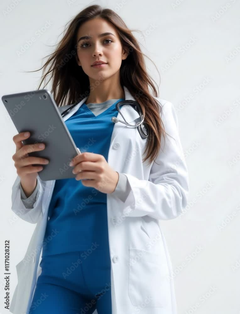 Female doctor in scrubs and white coat holds tablet. Suitable for medical, technology, healthcare, and professional concepts in visuals. Female doctor in scrubs and white coat holds tablet. Suitable for medical, technology, healthcare, and professional concepts in visuals.