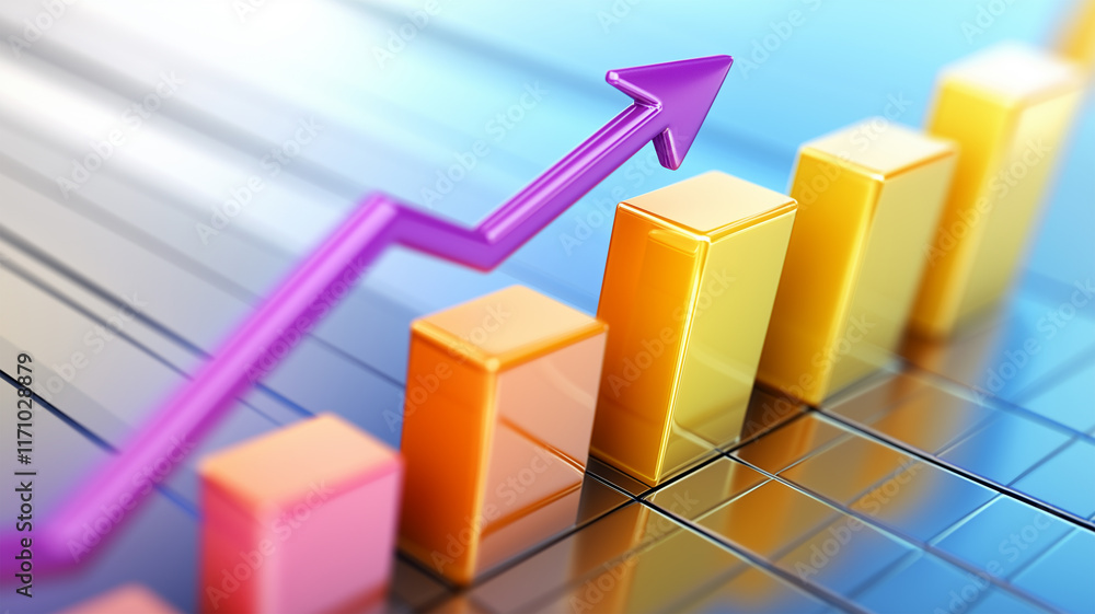 Fototapeta premium グラデーション背景のバーチャートと上昇矢印