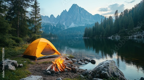 Enjoying a peaceful evening by the lake with a warm campfire and a yellow tent in the mountains