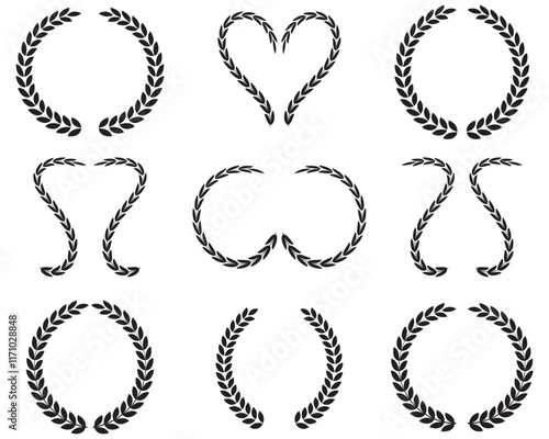 Laurel Wreath Silhouette Black Icon Set. Emblem floral branch flat icons. Laurels wreaths, swirls, twigs and flower ornaments. Tree Branch Success Symbol. Circular foliate laurels branches.
